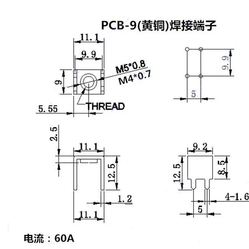 Terminale di saldatura in ottone PCB-9 con vite a quattro pin M5, supporto per piastra di base autofilettante a forma di U con colonna metallica