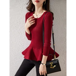 Spring Ruffles Pullover Sweater Women Long Sleeve Knitted Sweaters Peplum Tops Elegant Korean Slim Fit Pull Femme Jumper Female