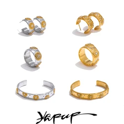 Yhpup Stainless Steel Daisy Flower Casting Golden Earrings Bracelet Bangle Ring 18K PVD Plated Stylish Trendy Jewelry New Design