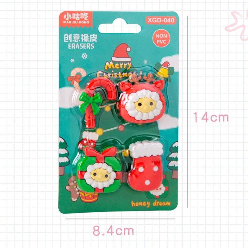 4Pcs/set Cute Cartoon Santa Claus Reindeer Erasers Kawaii Aesthetic Stationery Kids Eraser Set Student Reward Christmas Gifts