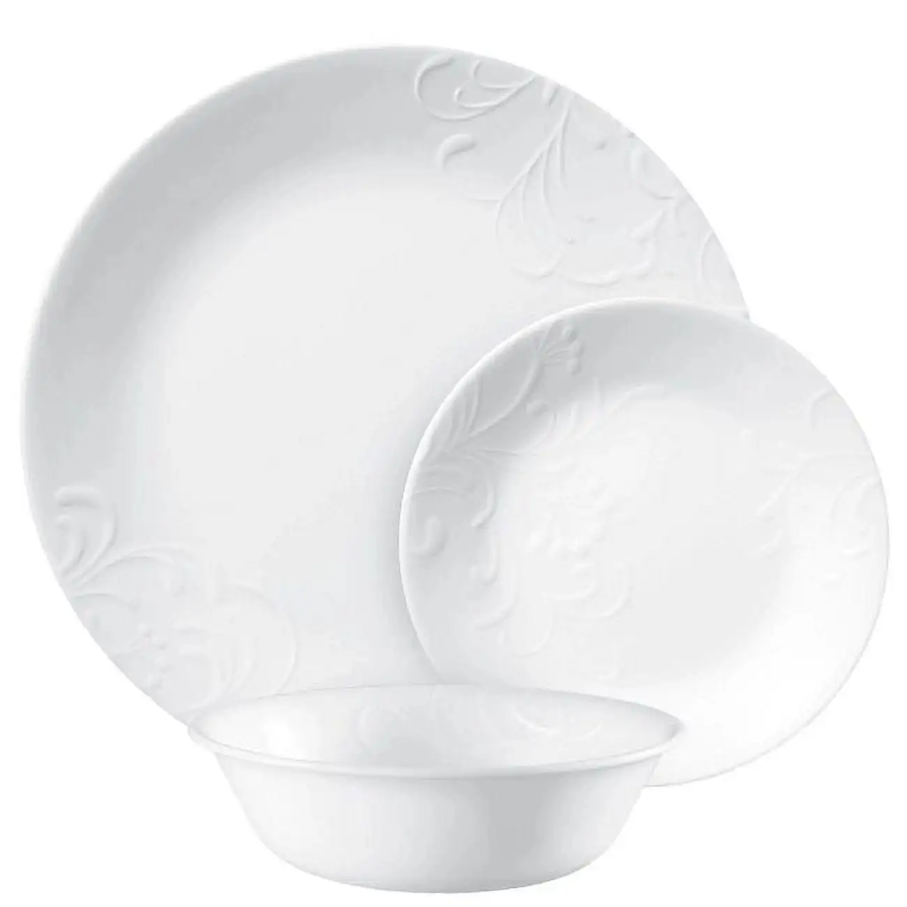 

Madeline Embossed, 12 Piece, White, Dinnerware Set perfectly with most kitchen environments