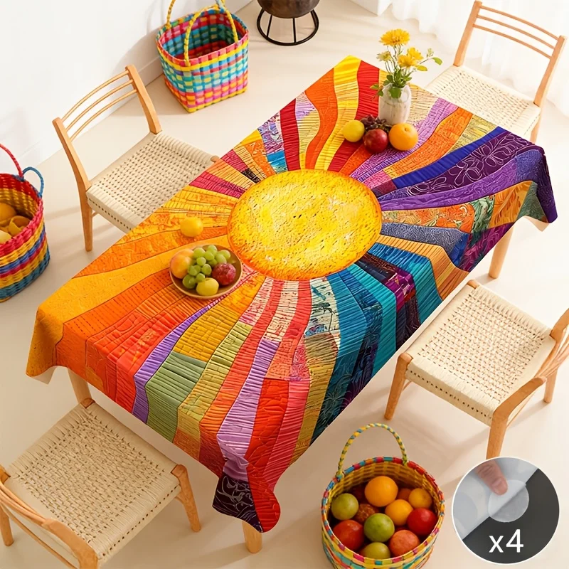 VIKAMA Boho Sun Rainbow Quilt Patchwork Rectangular Tablecloth Washable Dining Table Cover for Kitchen Party Home Decoration