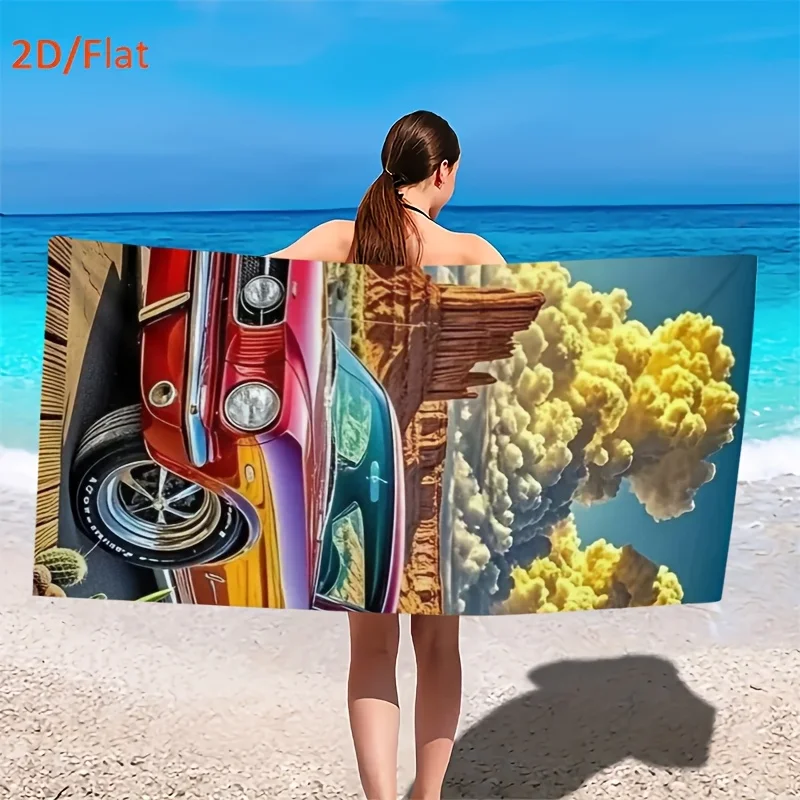 1pcs Must-Have Mustang Beach Towel, Retro Car Icon Pool Blanket, Vintage American Style Bath Towel for Summer