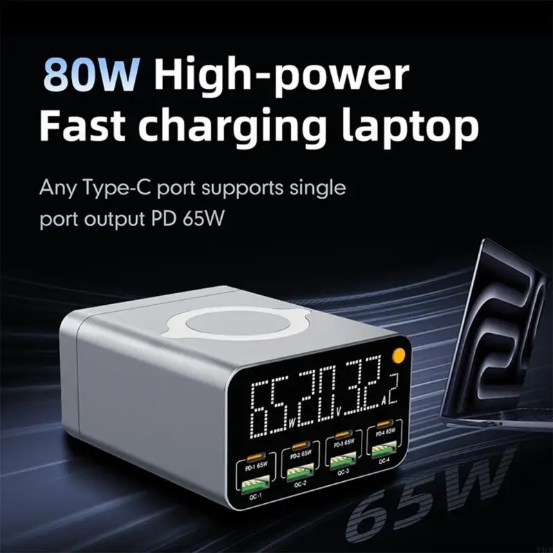 

Зарядное устройство 80 Вт с цифровым дисплеем, настольный USB Type C с беспроводным зарядным устройством PD QC3.0, быстрое зарядное устройство для ноутбука, планшета, телефона
