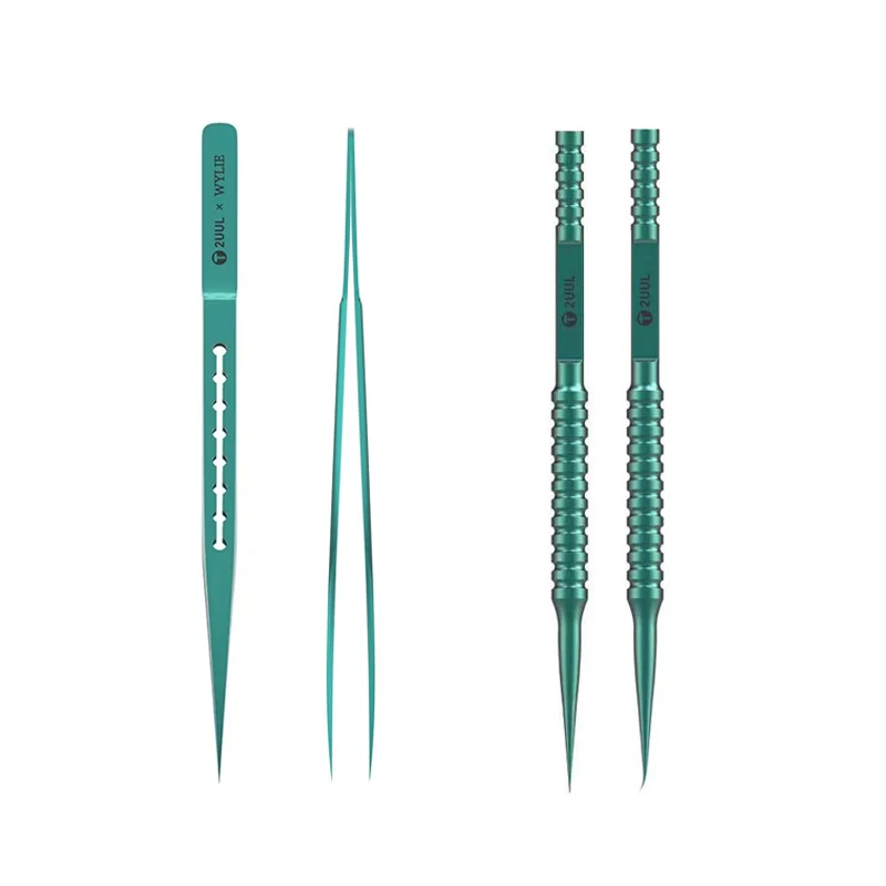 2UUL WYLIE Green Titanium Alloy Tweezers Straight Curve Antimagnetic Microscope Fingerprint IC Chips Maintenance Forceps