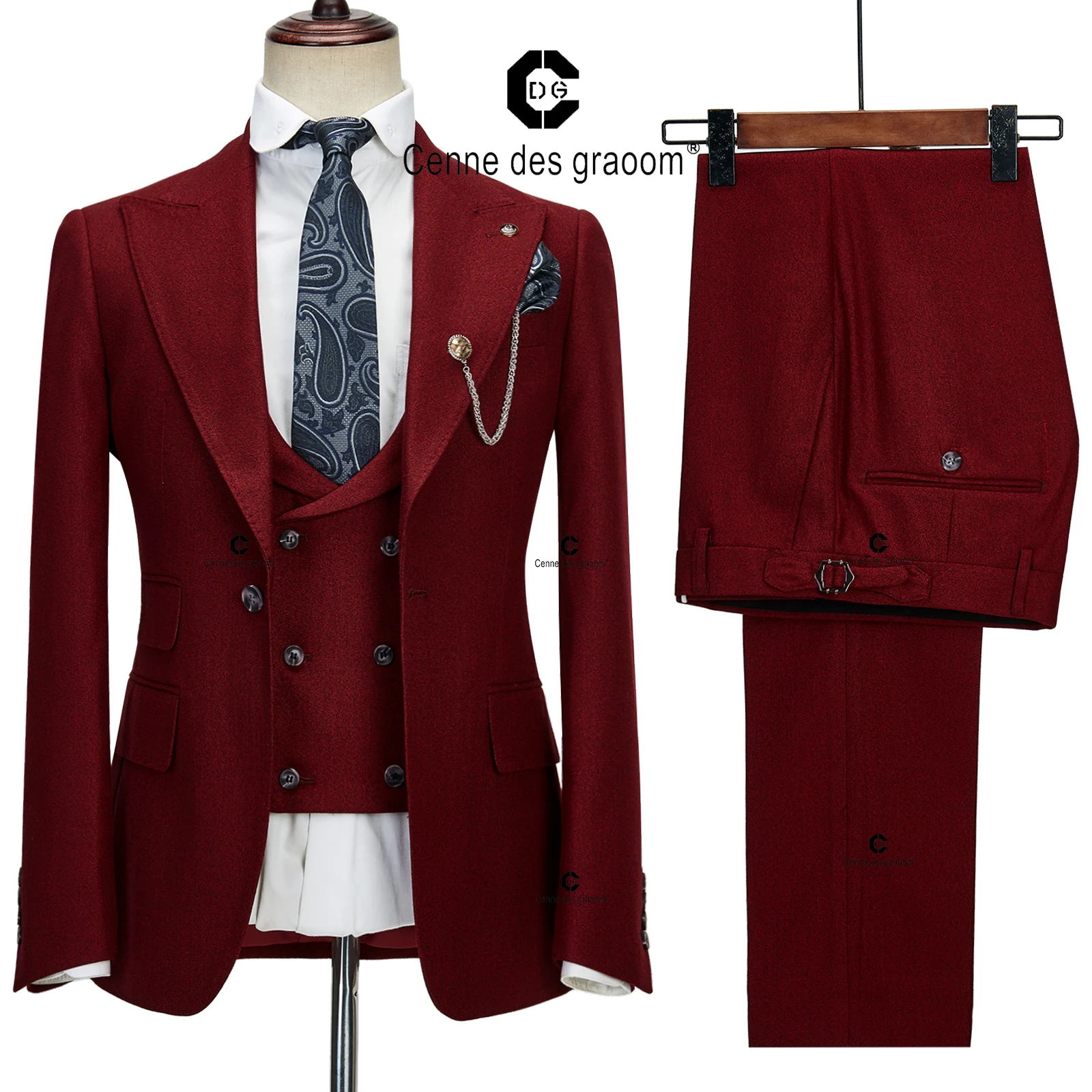 Cenne Des Graoom Maroon Red Men's Suit Elegant Single Breasted 1 Button Jacket Vest Pants Business Casual Wedding Costume Homme