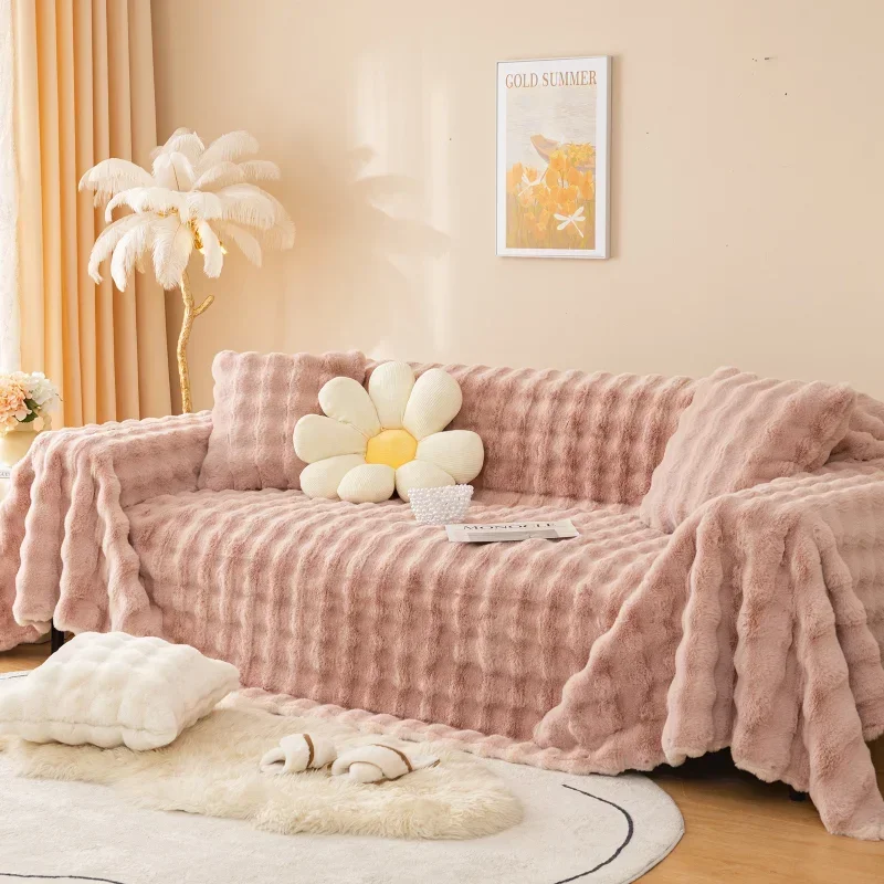 Luxury Faux Fur Sofa Covers for Living Room Warm Winter Super Soft Plush Couch Covers Bubble Shaped Thick Slipcover Sofa Towel