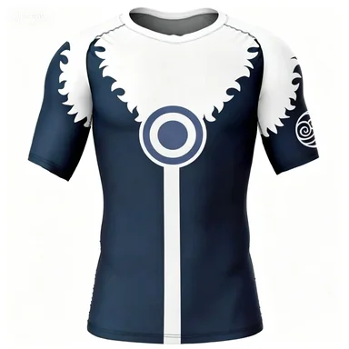 Summer Men's Blue and White Tribal Print Tight Fitting Quick Drying Short Sleeved Sports Top