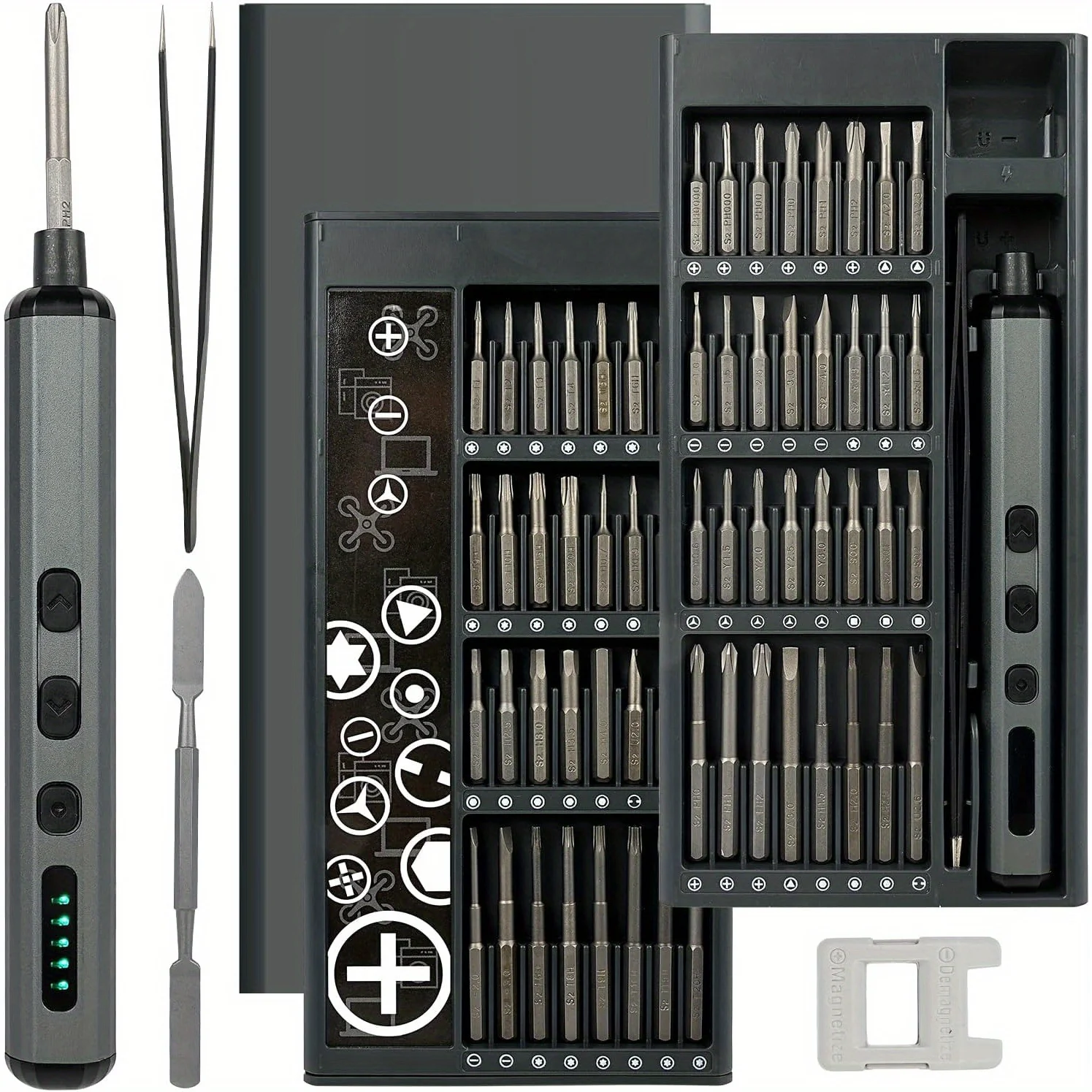 

Precision Electric Screwdriver Set 68 in 1 Cordless 64 S2 Precision Drill Bits 5 Torque Settings LED Hand Repair Tool Kit