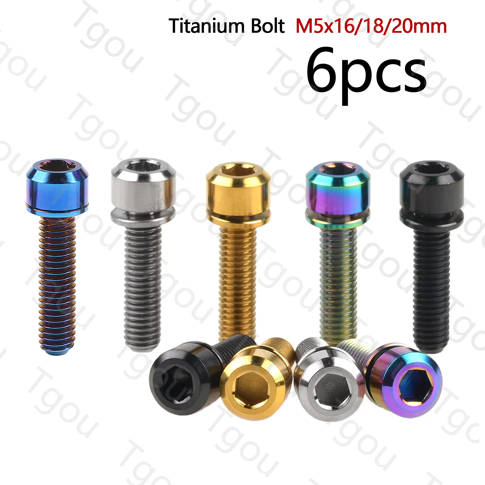 Tgou Titanium Bolt M5x16 18 20mm Hex Head with Washer Screws for Bicycle Stem Handlebar 6pcs