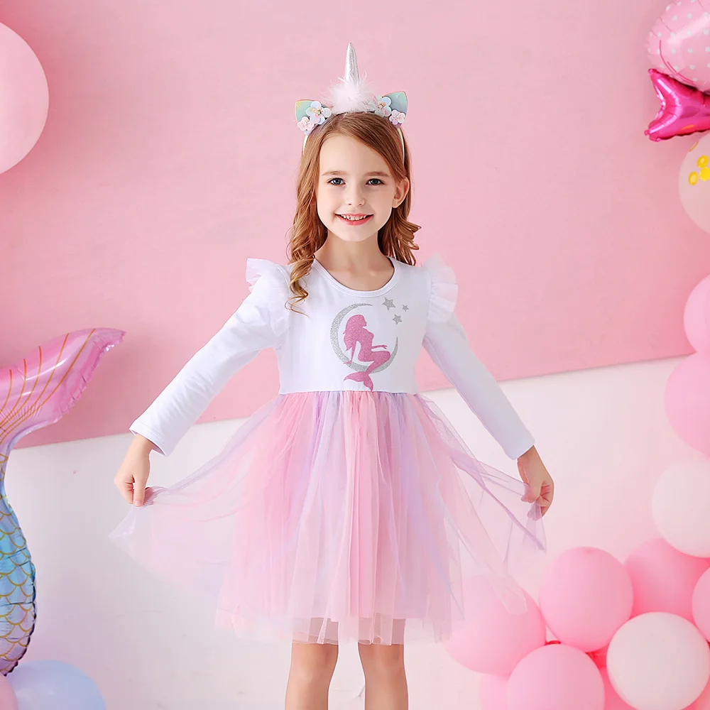 

VIKITA Children Clothing Kids Mermaid Print Long Sleeve Patchwork Gradient Dresses Girls Pink Party Princess Casual Cotumes