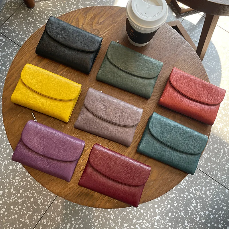 Borsa in pelle Borsa per carte di grande capacità con fermasoldi in pelle di vacchetta con testa pieghevole corta da donna