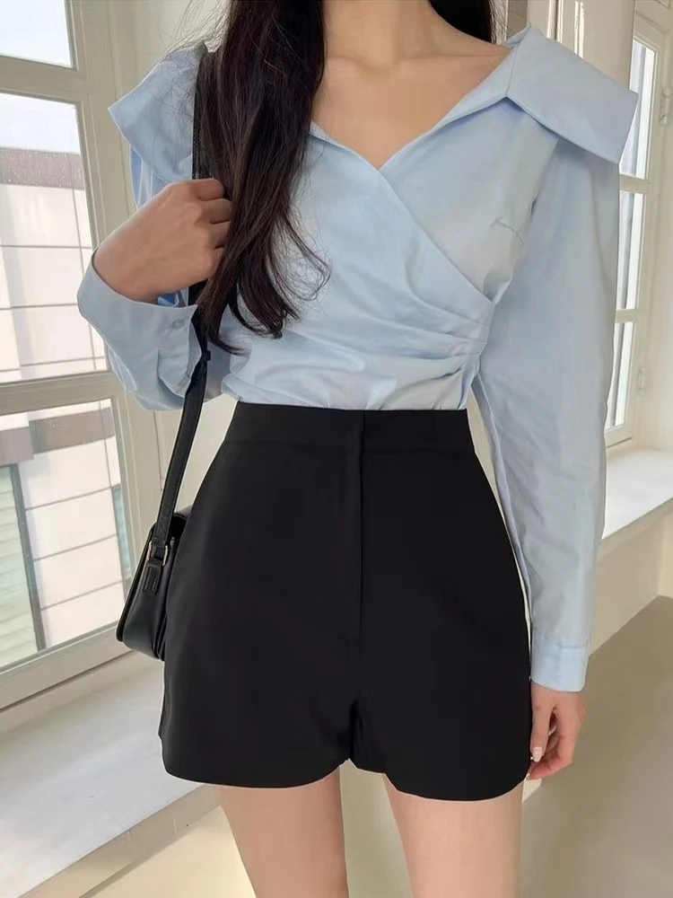 

Spring 2024 Women's Cross V-Ne White irt Slimming Blue irt Waist-Cinching Faionable Korean Sle Long Sve ort Le...