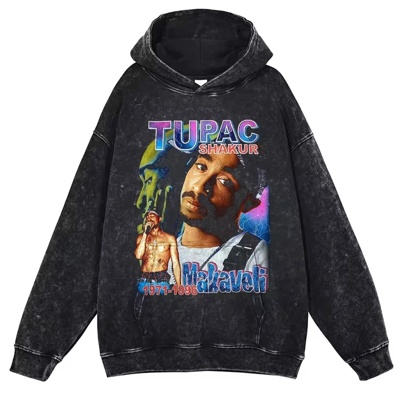 2pac Hoodie Hip Hop Rapper Singer Tupac Makaveli Vintage Washed Hooded Sweatshirts Oversized Pullover Harajuku Hoodie Men Cotton