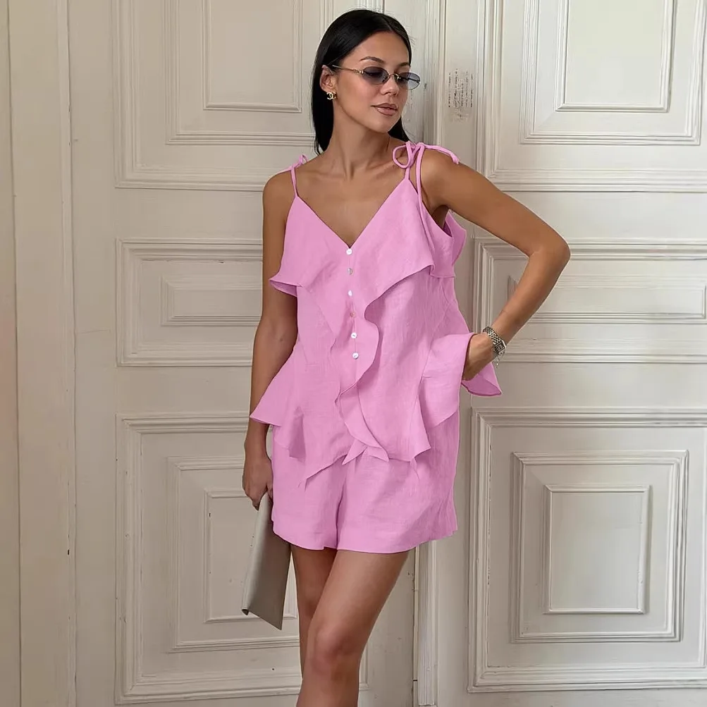 

Модный свободный розовый хлопковый комплект из 2 предметов для женщин: летний топ без рукавов с рюшами и шорты с высокой талией, женская одежда