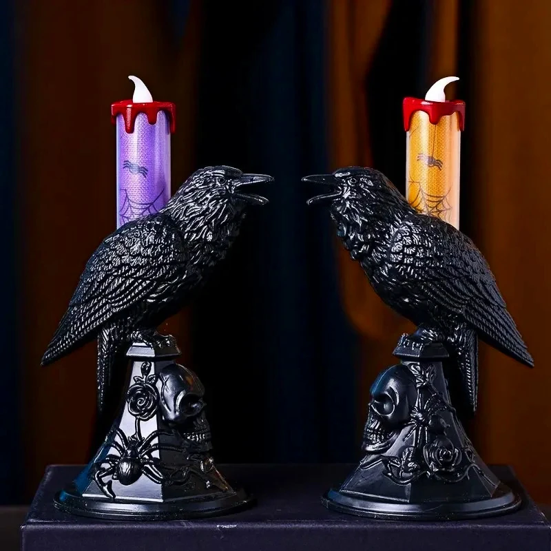 Schwarze Krähe Statue glühenden Kerzenhalter führte Kerzen Lichter Halloween Wohnkultur Tisch lampe beängstigende Ornamente