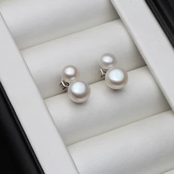 925 Sterling Silver Stud Earrings with Pearls,Wedding Small Natural Freshwater Double Pearl Earrings For Wife Mother White Black