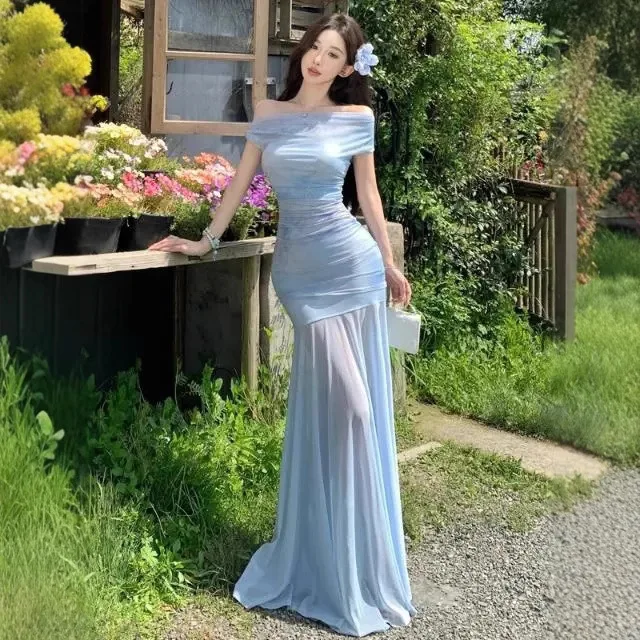 

Sexy off-shoulder dress for women, summer waist-cinching, slimming, mesh design, slightly transparent, pleated skirt