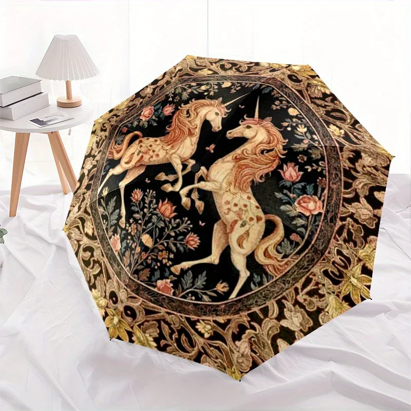 

Mystical Two Pink Unicorns Umbrella - Automatic Open/Close, Sturdy Iron Frame & Lightweight, Elegant Floral Design with Golden