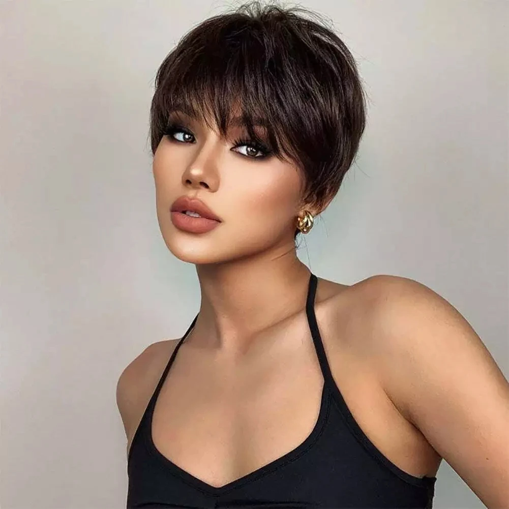 

Short Brown Wig Human Hair Short Pixie Cut Wigs for Black Women Chocolate Brown Human Hair Wigs with Bangs 4# Color Machine Wigs