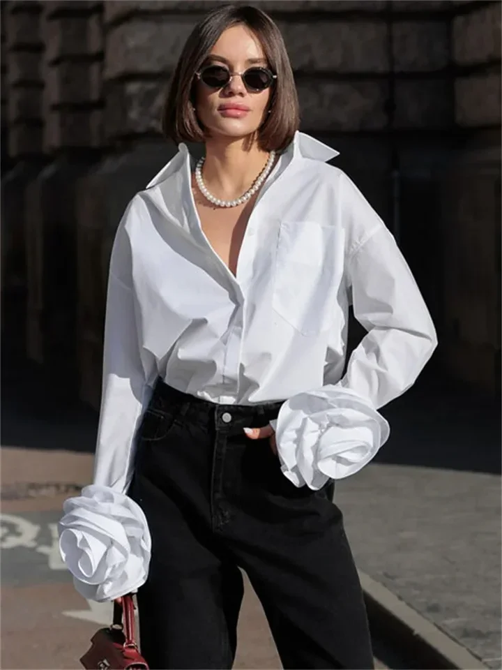 

Floral Casual Patchwork Shirts Cardigan Female Lapel Pocket Solid Elegant Commute Clothes Loose Ladies Summer Shirts 2025