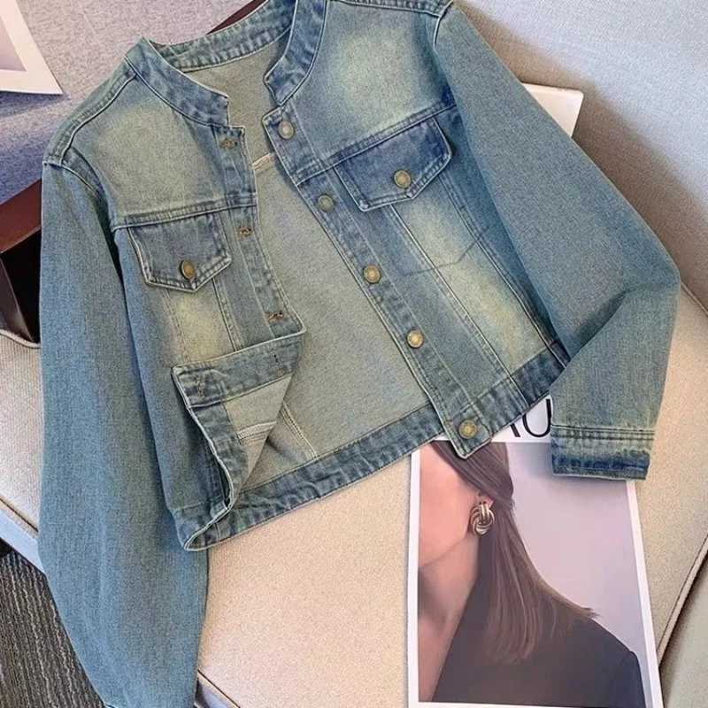 

Retro Short Denim Jacket for Women 2025 New Spring and Autumn Neck Top