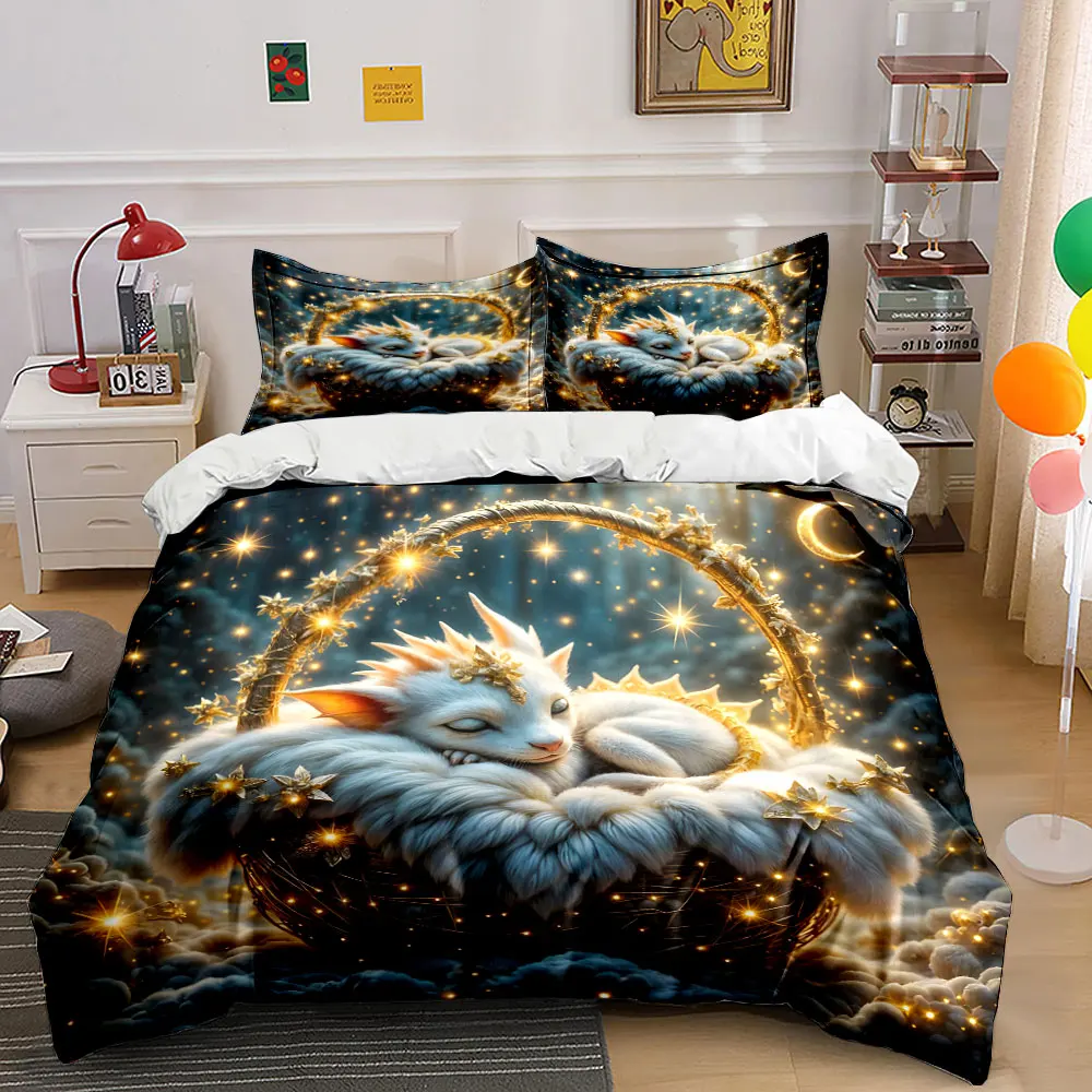 Dreamy cat adorned with starlight Pattern Duvet Cover Set Digital Print Colorful Polyester Bedding with Zipper Closur for gifts
