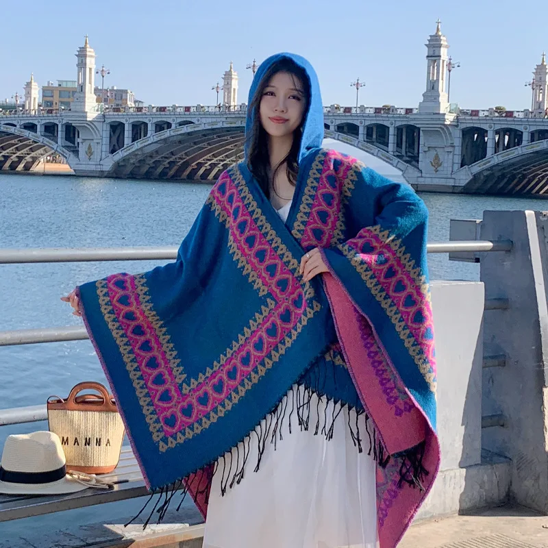 

Poncho Woman Vintage Love Long Fringed Shawl 2023 Winter Stripe Split Thermal Scarf Hooded Double Sided Cloak Pashimina