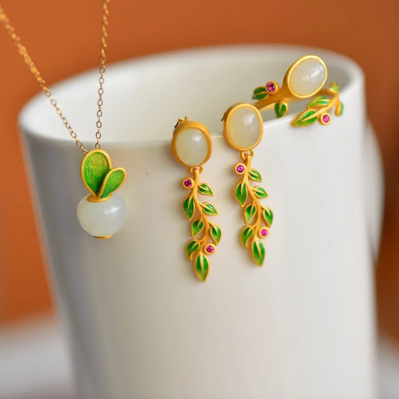 

Hetian White Jade Lucky Pendant Surface Earrings Ring S925 Silver Leaf Three-Piece Set