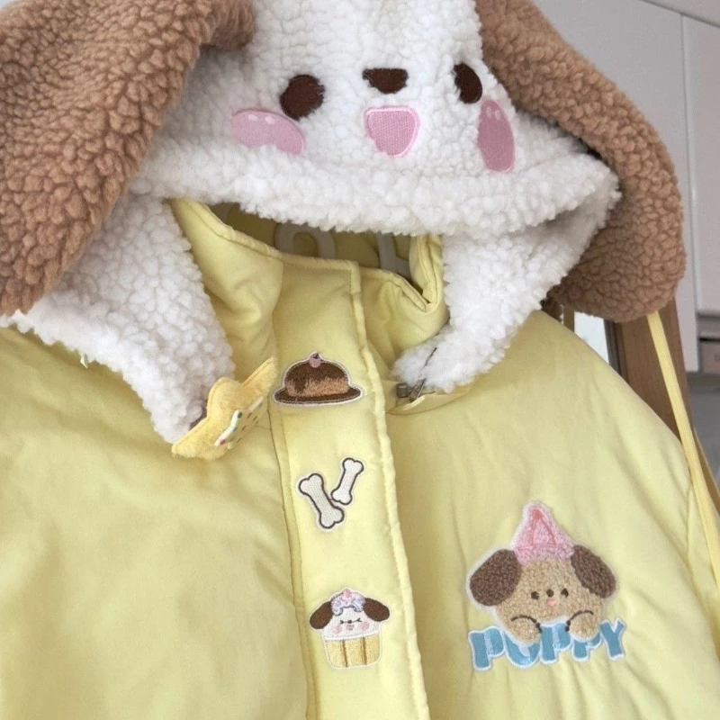 Kawaii Cute Cartoon Embroidery Casual Hooded Coats Japanese Winter Patchwork Loose Parka Y2k Aesthetic Grunge Pocket Women Tops