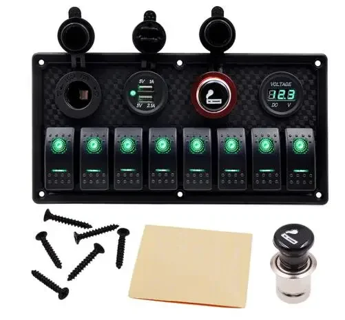 ELING New 8 Gang Switch Panel Marine Rocker LED Voltage Display  1A 2.1A Dual USB Charger+Cigarette Lighter for Truck Boat Car