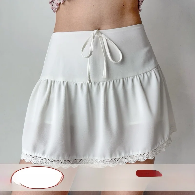 

Go Girl Go Hollow out Lace A-Line Skirt White Women's Summer Anti-Light High Waist Polyester Bifurcated Skirts