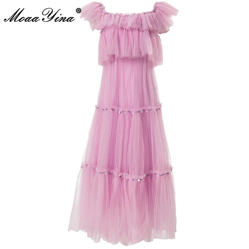 

MoaaYina Fashion Runway dress Summer Women's Dress RuffledShort sleeve Luxury Crystal Sequins Pink Party Dresses