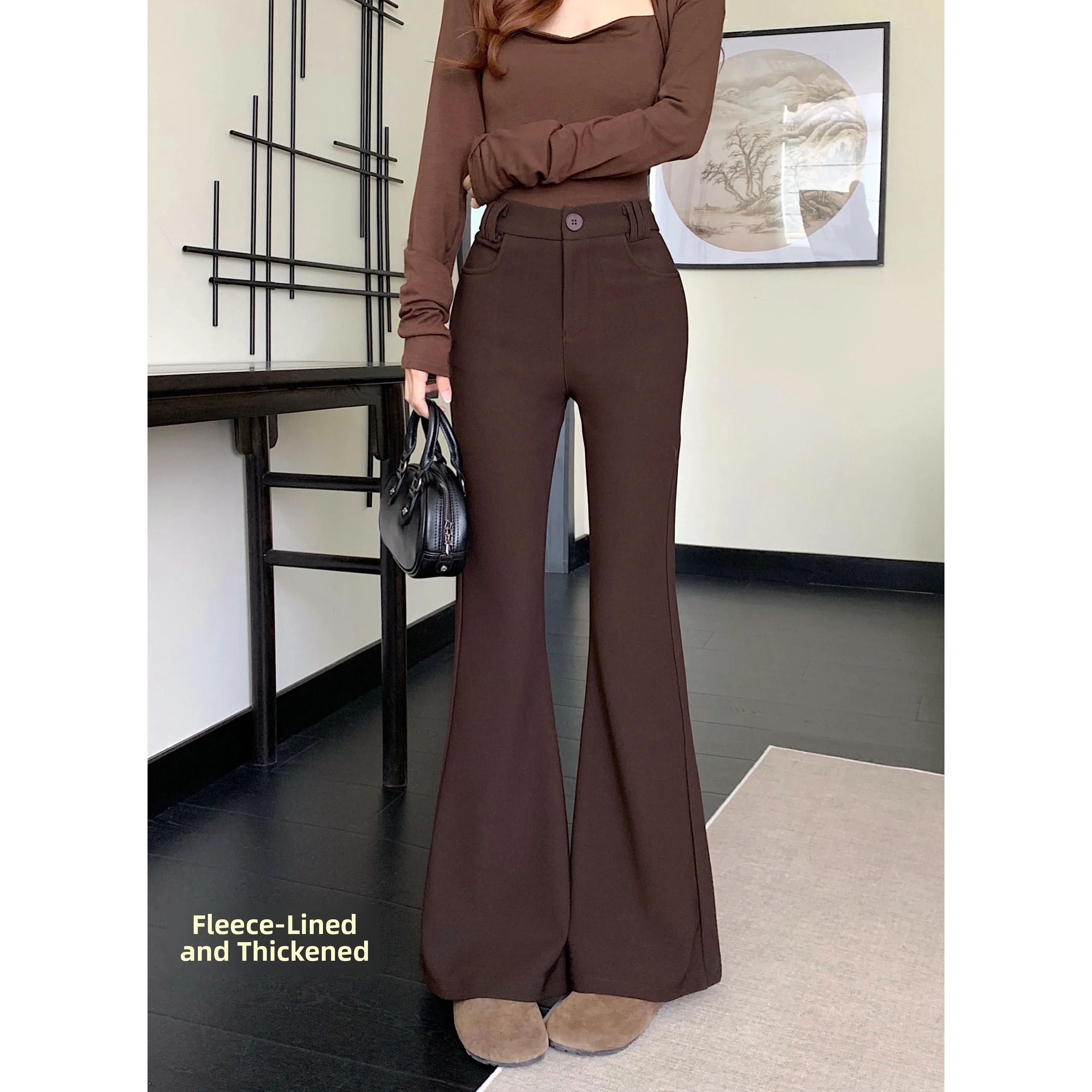 Frauen Hohe Taille Fce Gefüttert Thiened Herbst Winter Bell Bot Casual Hosen Abnehmen Micro Ausgestelltes Lange Hosen