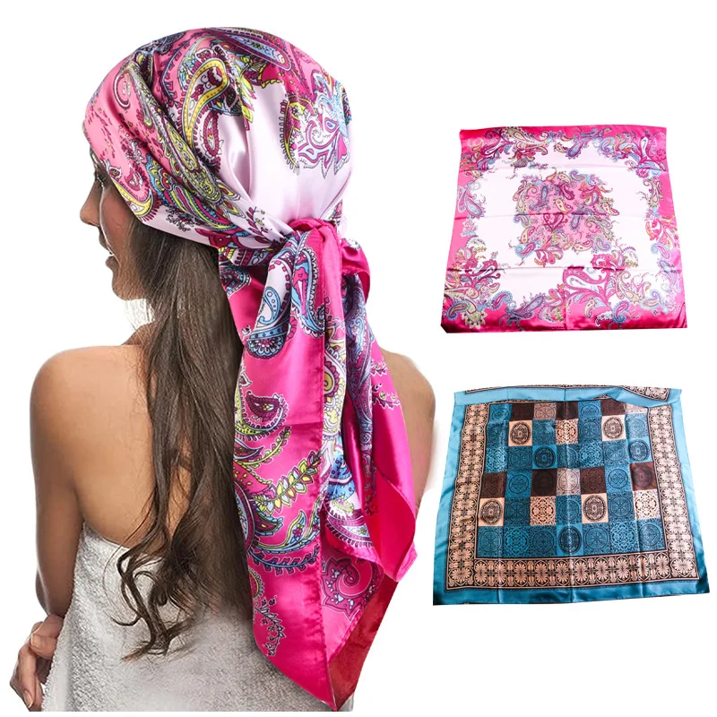 90*90cm Square Silk Kerchief Women Satin Hijab Scarf Muslim Female Shawls Wrap Hair Headband Pareo Bandanas Headscarf Turban