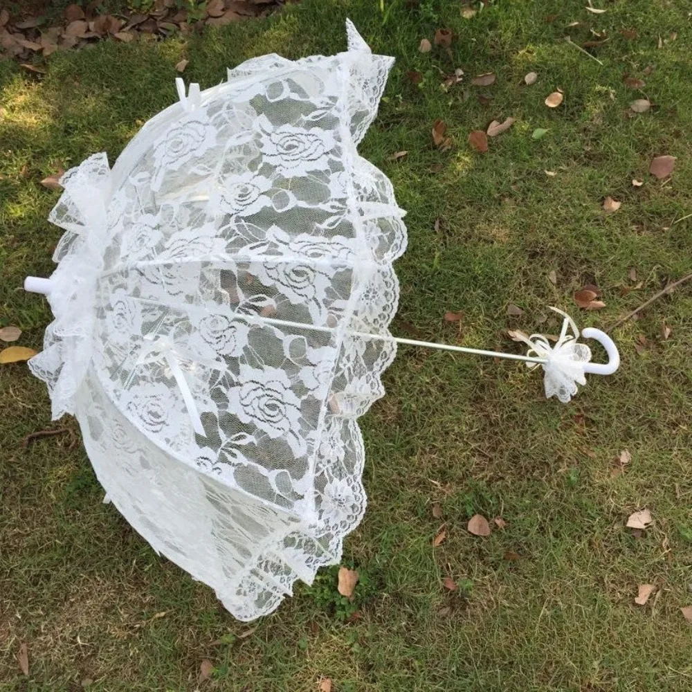 Romantic Bridal Lace Umbrella with Rose Pattern Openwork Design Long Handle Wedding Accessories
