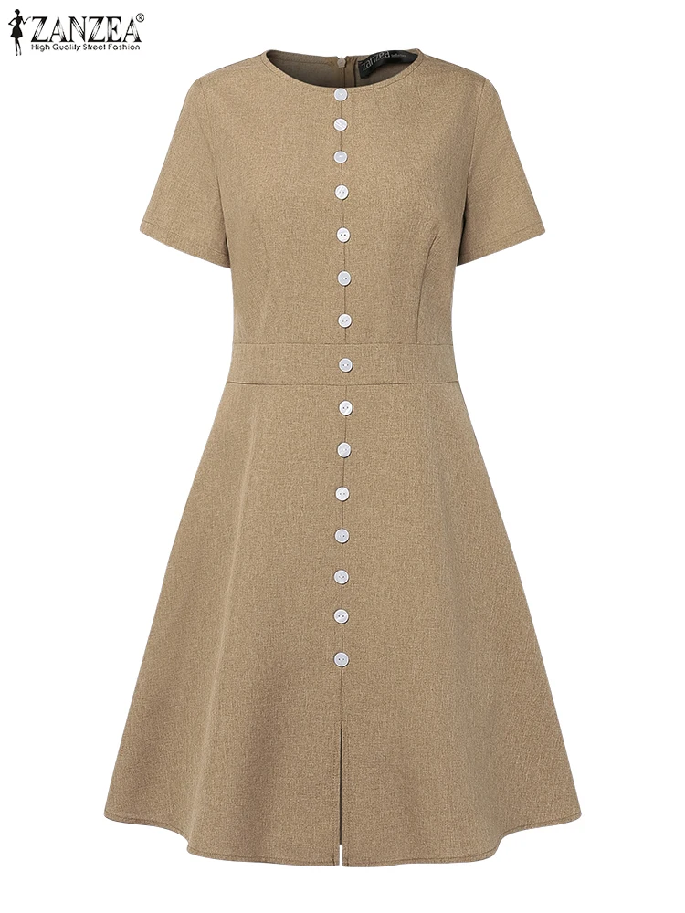

ZANZEA Short Sleeve Casual Vestidos Fitted Waist Fashion 2025 Summer Commute Solid Robes Femme O-Neck Woman Knee-Length Dresses