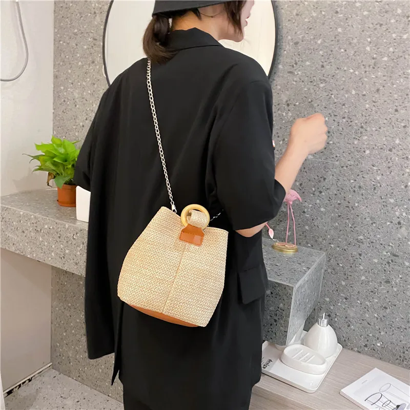 Designer Women Bag Woven Handbag 2024 Summer Woven Bucket Crossbody Chain Shoulder Bags Bohemian Female Handmade Rattan Tote sac