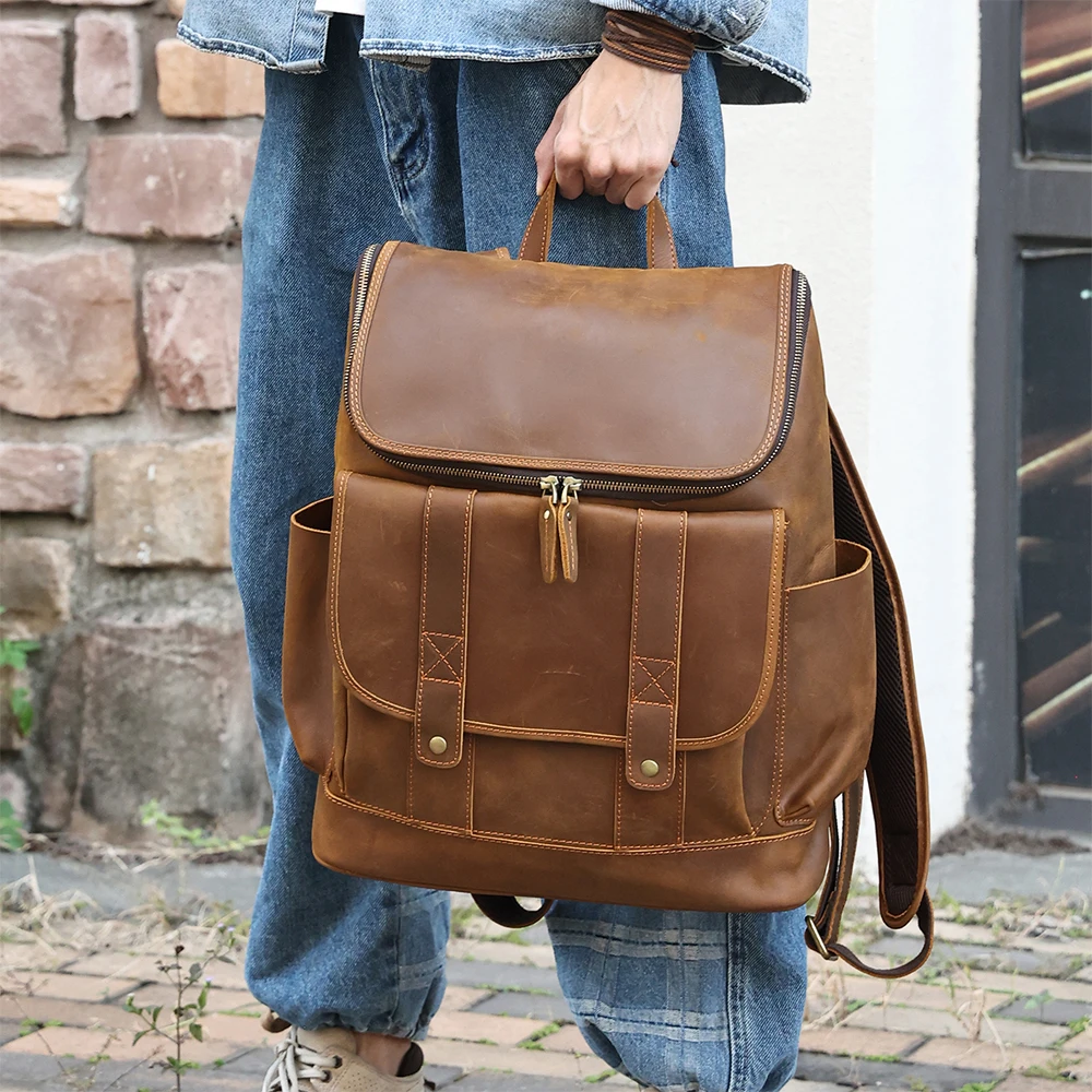 Leather vintage backpack men's business computer bag crazy horse travel backpack men's bag