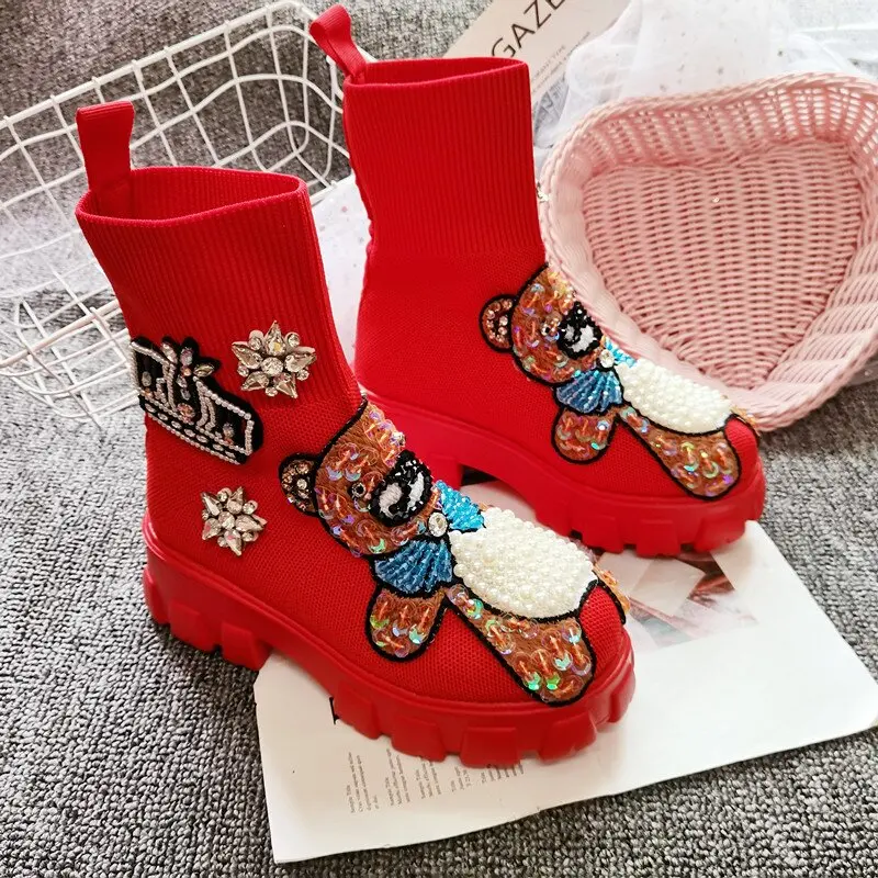 2023 Autumn Winter New Lady Socks Shoes Women Thick-soled Casual Large Size Red Knitted Short Boots Fashion Handmade 42 43