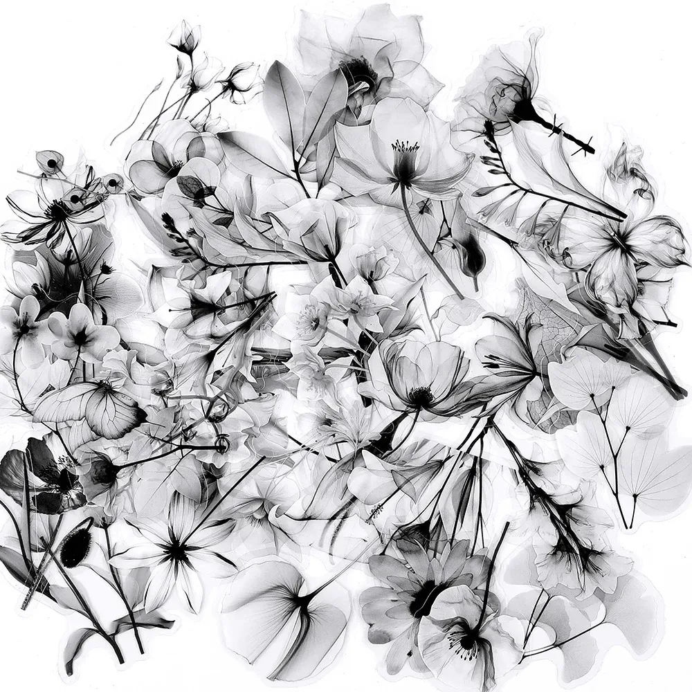 50 Stück Schwarz-Weiß Transparente Blumen-Graffiti-Aufkleber Blumen-Sticker für Computer Notebook Schreibwaren DIY Spielzeug Geheimnisse