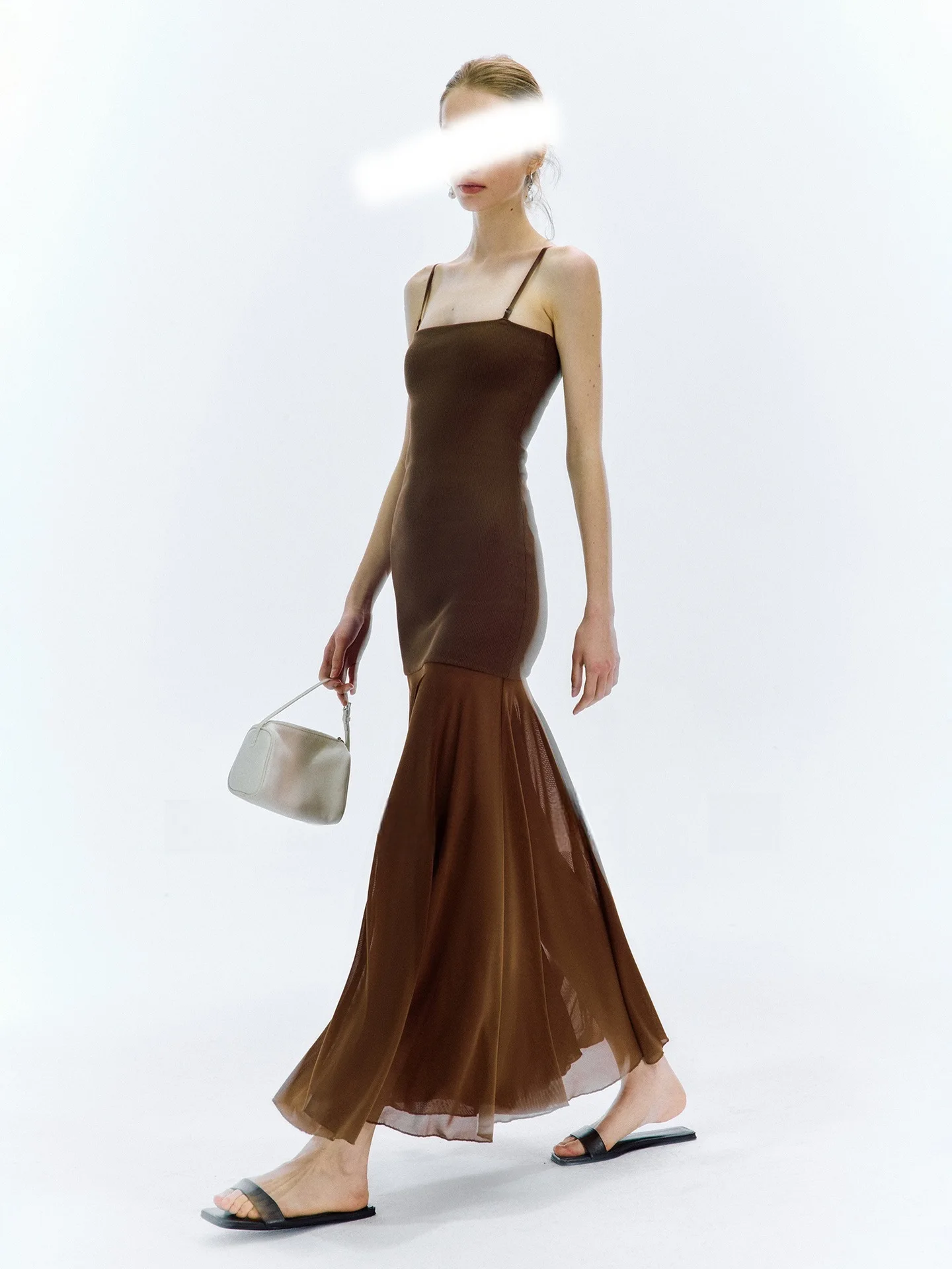 

2025 Summer New Long Skirt Suspenders Dress for Slimming Ribbed Splicing Mesh High Quality Elasticity Two Wear Strap Dress