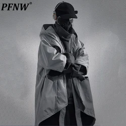 PFNW Dark Style Middle Sleeve Trench Oversize Jacket Men 2024 Autumn New Loose Casual Hooded Medium Length Windbreaker 12C1113