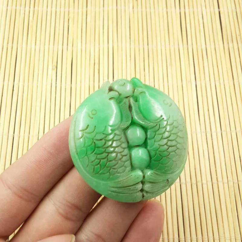 Pisces Pendant Wholesale Double Fish Blessing Jade Imitation Myanmar Dry Green Iron Dragon Sheng Floating Green Antique Jade Pen