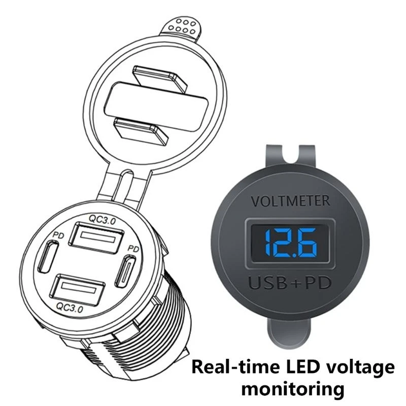 

W89C 12V-24V USB Power Outlet Car USB Charging Socket Double QC3.0+Double PD Type-C Outlet USB Port for Boats Marine Truck