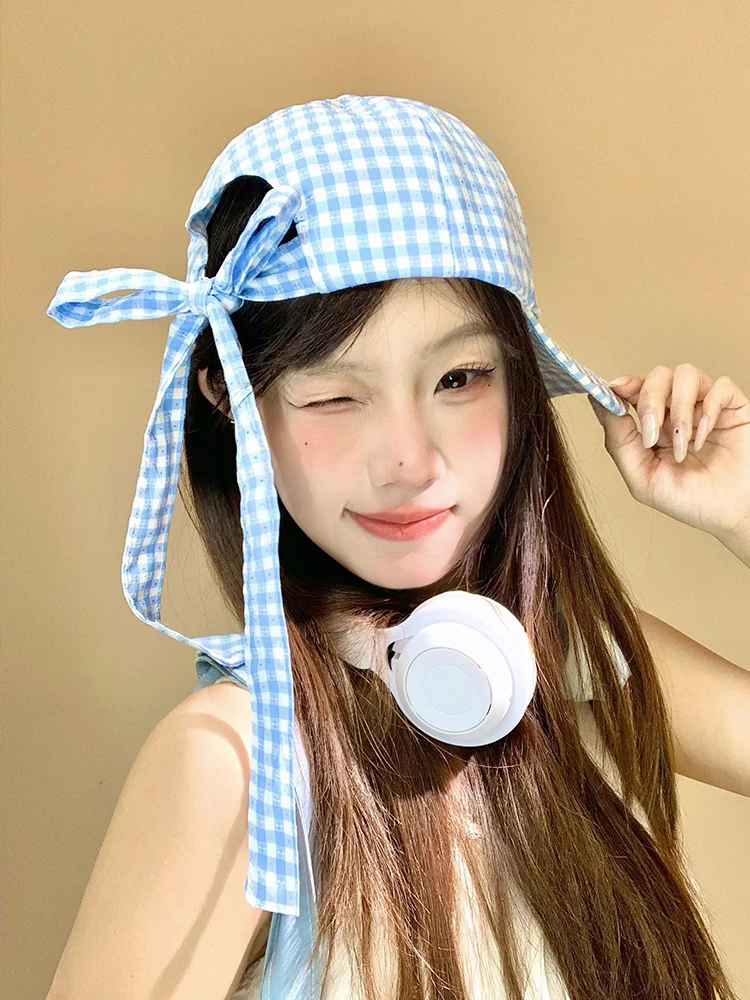 

Japanese Blue Plaid Bow Baseball Cap Female Korean Version Casual Versatile Big Size Sunshade Hard Top Sun Baseball Cap Tide
