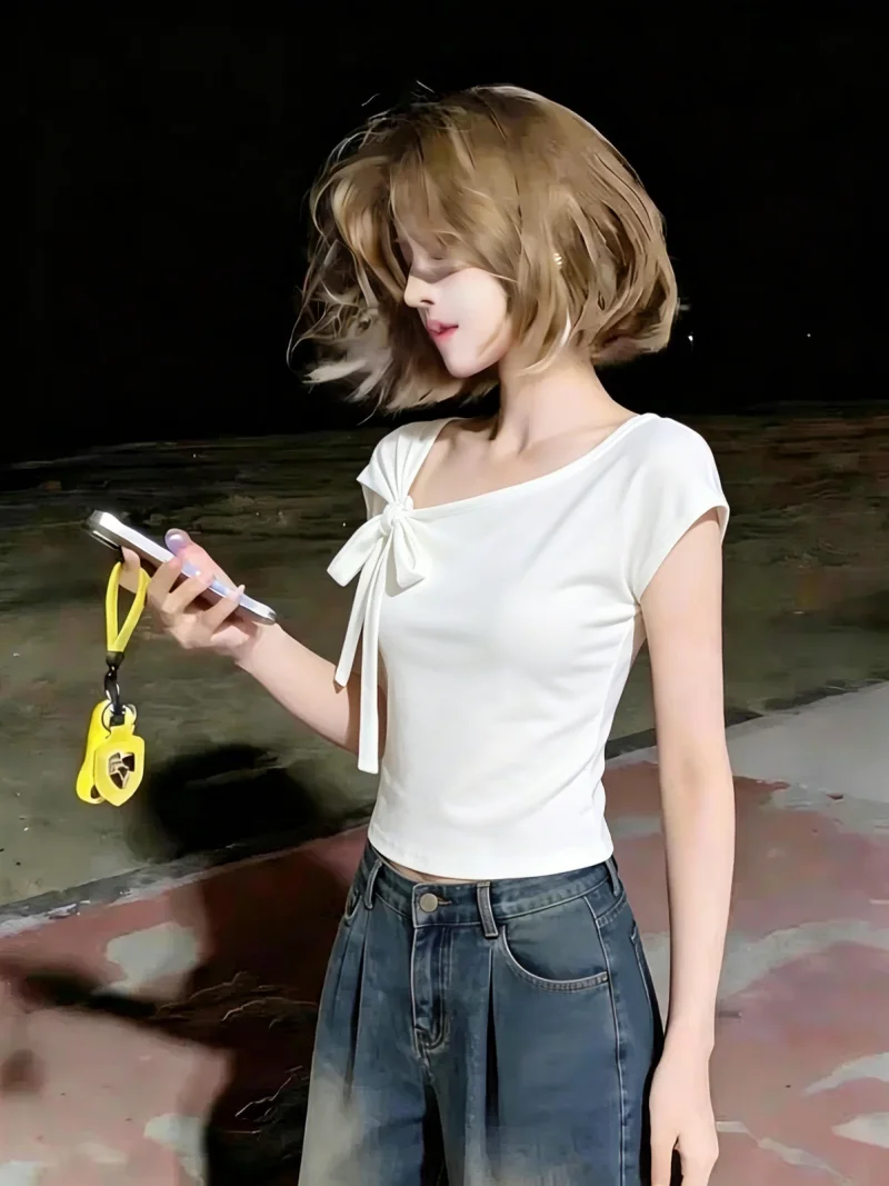 

Summer Knot Short Sleeve Asymmetrical Shoulder T-Shirt Women's Slimming Korean Style Commute Pure Color Top