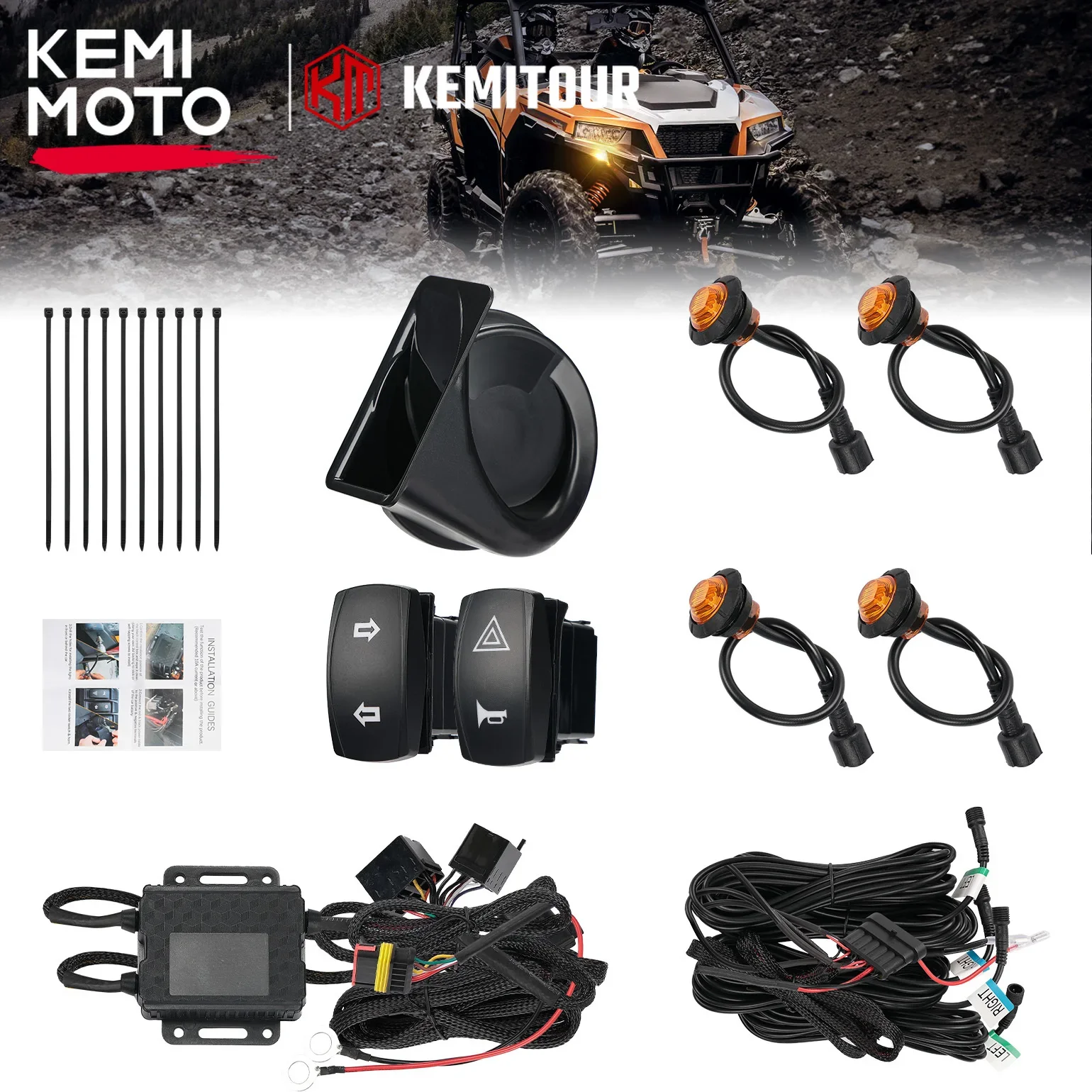 

KEMIMOTO UTV ATV Turn Signal Kit With Rocker Switch & 105D Horn Compatible With Polaris RZR For Can-Am Maverick X3 Plug and Play