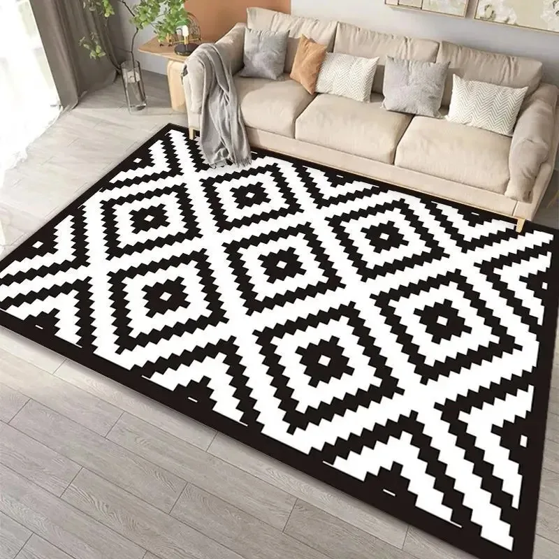 Black White Geometric Rug, Striped Checkered Carpet Soft Non-Slip Doormat, Modern Artistic Floor Mat for Living Room Bedroom
