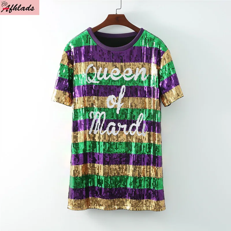 

Runway Sequins Striped Patchwork Rainbow Streetwear Short Sleeve T-Shirt Summer Letter Hip Hop Loose Night Club Women's Wear